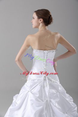 Edgy White Taffeta Lace Up Strapless Sleeveless Wedding Dress Brush Train Beading and Pick Ups
