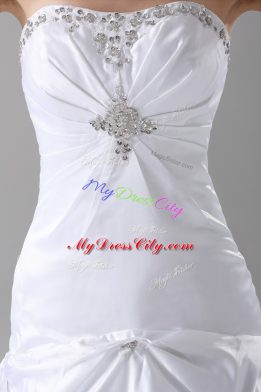 Edgy White Taffeta Lace Up Strapless Sleeveless Wedding Dress Brush Train Beading and Pick Ups