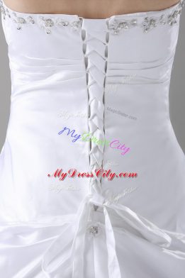 Edgy White Taffeta Lace Up Strapless Sleeveless Wedding Dress Brush Train Beading and Pick Ups