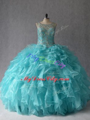 Suitable Aqua Blue Scoop Lace Up Beading and Ruffles Sweet 16 Quinceanera Dress Sleeveless