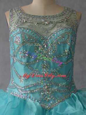 Suitable Aqua Blue Scoop Lace Up Beading and Ruffles Sweet 16 Quinceanera Dress Sleeveless