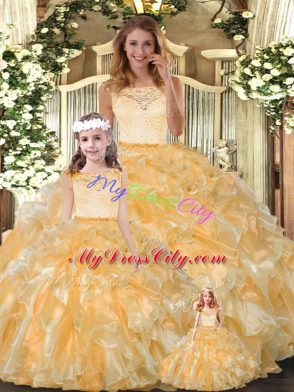 Fabulous Organza Sleeveless Floor Length 15th Birthday Dress and Lace and Ruffles