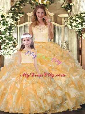 Fabulous Organza Sleeveless Floor Length 15th Birthday Dress and Lace and Ruffles