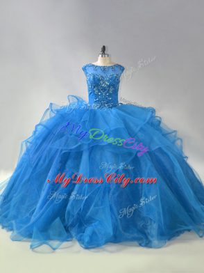 Blue Sweet 16 Dress Organza Brush Train Sleeveless Beading and Ruffles
