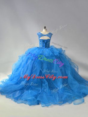 Blue Sweet 16 Dress Organza Brush Train Sleeveless Beading and Ruffles