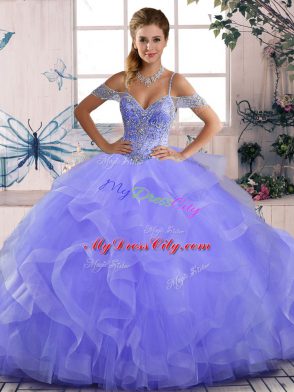 Gorgeous Asymmetrical Lace Up Ball Gown Prom Dress Lavender for Sweet 16 and Quinceanera with Beading and Ruffles