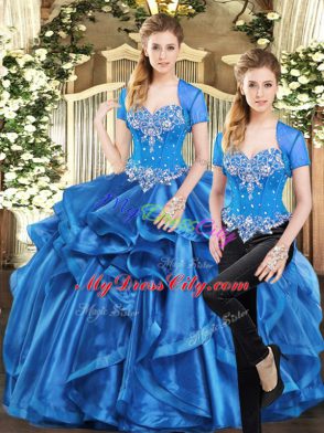 Popular Sweetheart Sleeveless Organza 15 Quinceanera Dress Beading and Ruffles Lace Up
