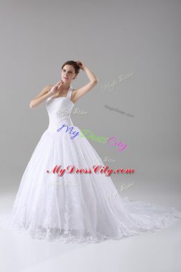 Sleeveless Brush Train Lace Up Lace Bridal Gown
