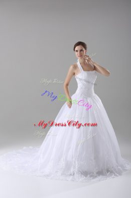 Sleeveless Brush Train Lace Up Lace Bridal Gown