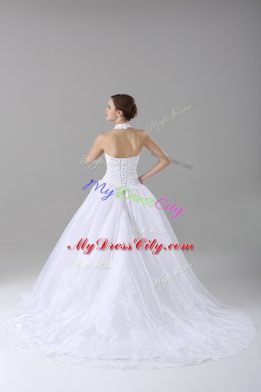 Sleeveless Brush Train Lace Up Lace Bridal Gown