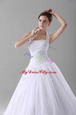 Sleeveless Brush Train Lace Up Lace Bridal Gown