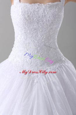 Sleeveless Brush Train Lace Up Lace Bridal Gown