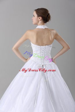 Sleeveless Brush Train Lace Up Lace Bridal Gown