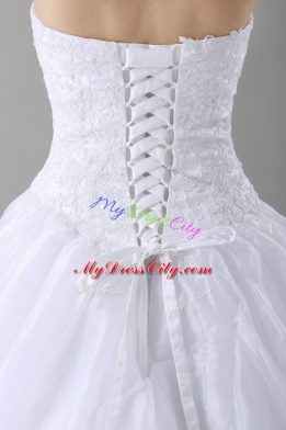 Sleeveless Brush Train Lace Up Lace Bridal Gown