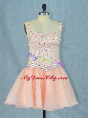 Beading Peach Lace Up Sleeveless Mini Length