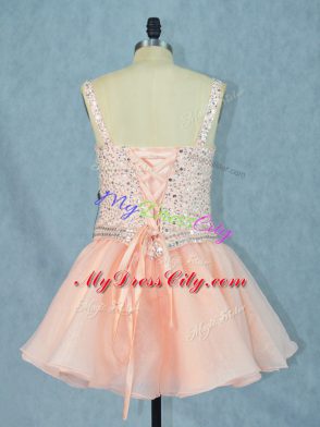 Beading Peach Lace Up Sleeveless Mini Length