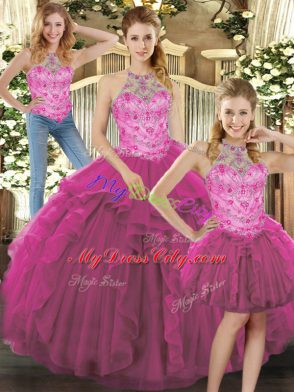Adorable Halter Top Sleeveless Ball Gown Prom Dress Floor Length Beading and Ruffles Fuchsia Tulle