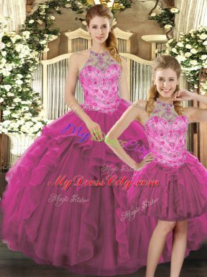 Adorable Halter Top Sleeveless Ball Gown Prom Dress Floor Length Beading and Ruffles Fuchsia Tulle