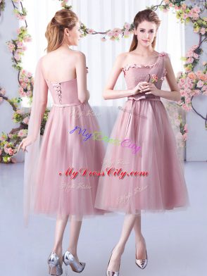 Pink Sleeveless Tulle Lace Up Bridesmaids Dress for Wedding Party