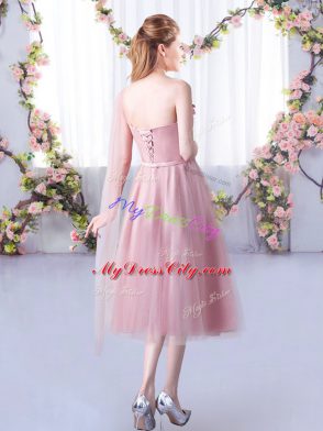 Pink Sleeveless Tulle Lace Up Bridesmaids Dress for Wedding Party