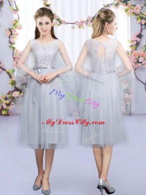 Scoop Sleeveless Lace Up Bridesmaid Gown Grey Tulle