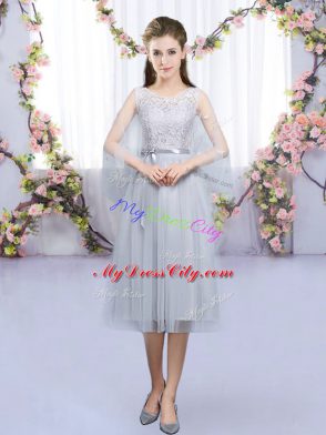 Scoop Sleeveless Lace Up Bridesmaid Gown Grey Tulle