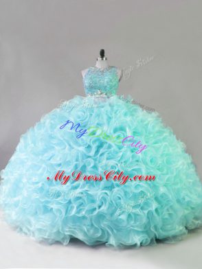Blue Two Pieces Fabric With Rolling Flowers Scoop Sleeveless Beading Floor Length Zipper Quinceanera Dresses