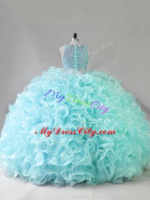 Blue Two Pieces Fabric With Rolling Flowers Scoop Sleeveless Beading Floor Length Zipper Quinceanera Dresses
