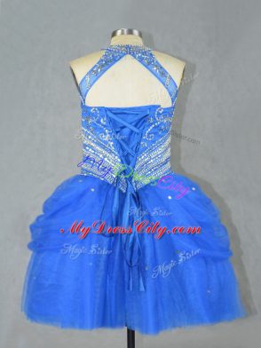 Luxurious Blue Halter Top Neckline Beading Prom Evening Gown Sleeveless Lace Up