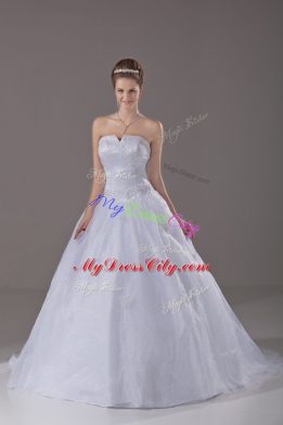 Sleeveless Brush Train Zipper Wedding Gown in White with Beading