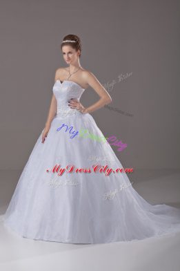 Sleeveless Brush Train Zipper Wedding Gown in White with Beading