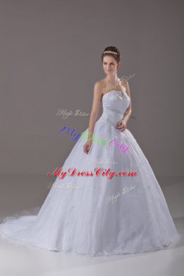 Sleeveless Brush Train Zipper Wedding Gown in White with Beading