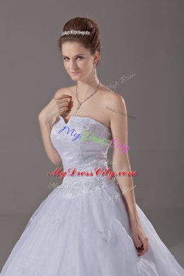 Sleeveless Brush Train Zipper Wedding Gown in White with Beading