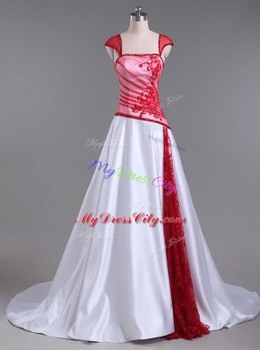 White And Red Strapless Lace Up Lace and Appliques Prom Evening Gown Court Train Cap Sleeves