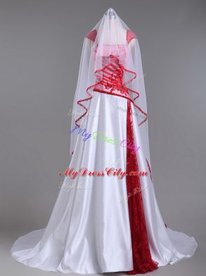 White And Red Strapless Lace Up Lace and Appliques Prom Evening Gown Court Train Cap Sleeves