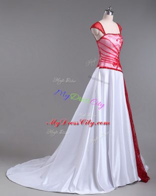 White And Red Strapless Lace Up Lace and Appliques Prom Evening Gown Court Train Cap Sleeves
