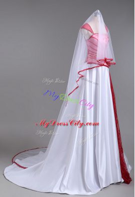 White And Red Strapless Lace Up Lace and Appliques Prom Evening Gown Court Train Cap Sleeves