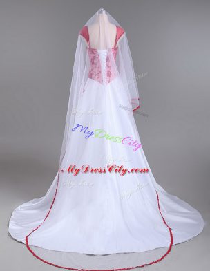White And Red Strapless Lace Up Lace and Appliques Prom Evening Gown Court Train Cap Sleeves