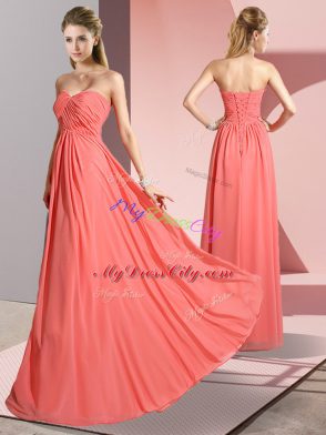 Sleeveless Floor Length Ruching Lace Up Evening Dresses with Watermelon Red