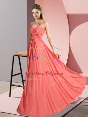 Sleeveless Floor Length Ruching Lace Up Evening Dresses with Watermelon Red