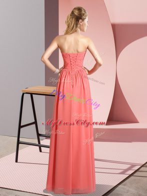 Sleeveless Floor Length Ruching Lace Up Evening Dresses with Watermelon Red