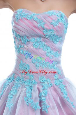 Suitable Appliques Ball Gown Prom Dress Light Blue Lace Up Sleeveless Floor Length