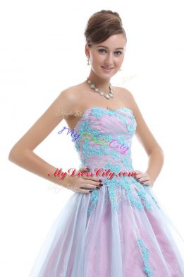 Suitable Appliques Ball Gown Prom Dress Light Blue Lace Up Sleeveless Floor Length