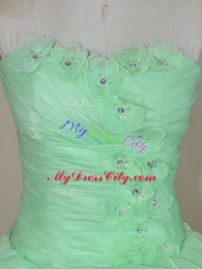 Hot Selling Floor Length Apple Green Quinceanera Gowns Organza Sleeveless Ruffled Layers and Ruching and Hand Made Flower