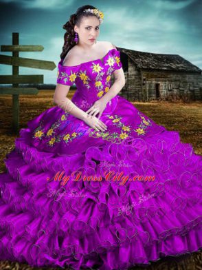 Stylish Purple Sweet 16 Dresses Sweet 16 and Quinceanera with Embroidery and Ruffles Off The Shoulder Sleeveless Lace Up