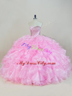 Baby Pink Sleeveless Organza Lace Up Ball Gown Prom Dress for Sweet 16 and Quinceanera