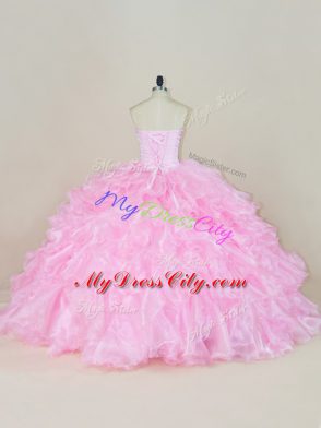 Baby Pink Sleeveless Organza Lace Up Ball Gown Prom Dress for Sweet 16 and Quinceanera