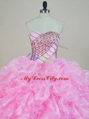 Baby Pink Sleeveless Organza Lace Up Ball Gown Prom Dress for Sweet 16 and Quinceanera
