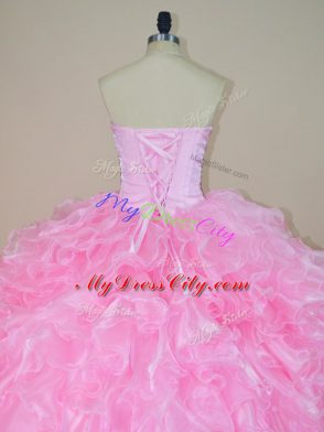 Baby Pink Sleeveless Organza Lace Up Ball Gown Prom Dress for Sweet 16 and Quinceanera