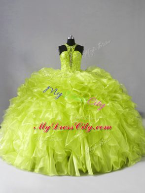 Yellow Green Ball Gowns Halter Top Sleeveless Organza Brush Train Zipper Beading and Ruffles Vestidos de Quinceanera
